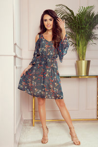Numoco 292-2 MARINA flimsy dress with a neckline - green with flowers
