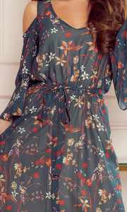 Numoco 292-2 MARINA flimsy dress with a neckline - green with flowers