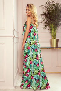 Numoco 294-2 A long summer dress with straps - green leaves and pink flowers