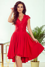 Load image into Gallery viewer, Numoco 300-2 PATRICIA - dress with longer back with lace neckline - Red