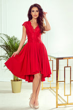 Load image into Gallery viewer, Numoco 300-2 PATRICIA - dress with longer back with lace neckline - Red