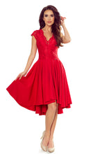 Load image into Gallery viewer, Numoco 300-2 PATRICIA - dress with longer back with lace neckline - Red