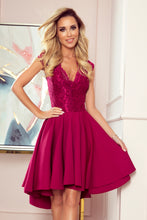 Load image into Gallery viewer, Numoco 300-4 PATRICIA - dress with longer back with lace neckline - Burgundy color