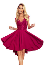 Load image into Gallery viewer, Numoco 300-4 PATRICIA - dress with longer back with lace neckline - Burgundy color