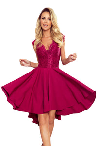 Numoco 300-4 PATRICIA - dress with longer back with lace neckline - Burgundy color