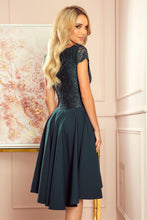 Cargar imagen en el visor de la galería, Numoco 300-5 PATRICIA - dress with longer back with lace neckline - green color