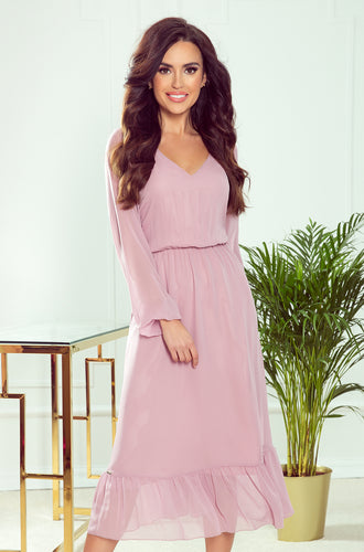 Numoco 304-1 Chiffon midi dress with a neckline and frill - dirty pink