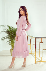 Numoco 304-1 Chiffon midi dress with a neckline and frill - dirty pink