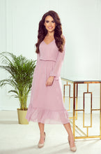 Load image into Gallery viewer, Numoco 304-1 Chiffon midi dress with a neckline and frill - dirty pink
