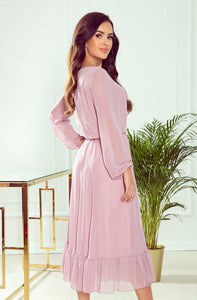 Numoco 304-1 Chiffon midi dress with a neckline and frill - dirty pink