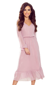 Numoco 304-1 Chiffon midi dress with a neckline and frill - dirty pink