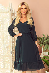 Numoco 304-2 Chiffon midi dress with a neckline and frill - grün