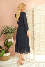 Load image into Gallery viewer, Numoco 304-2 Chiffon midi dress with a neckline and frill - grün