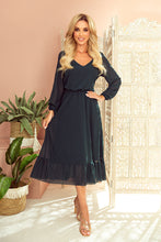 Load image into Gallery viewer, Numoco 304-2 Chiffon midi dress with a neckline and frill - grün