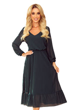 Load image into Gallery viewer, Numoco 304-2 Chiffon midi dress with a neckline and frill - grün