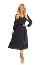 Load image into Gallery viewer, Numoco 304-2 Chiffon midi dress with a neckline and frill - grün