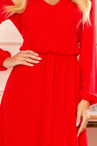 Numoco 304-3 Chiffon midi dress with a neckline and frill - Red