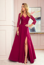 Cargar imagen en el visor de la galería, Numoco 309-1 AMBER elegant lace long dress with a neckline - Burgundy color