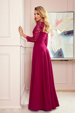 Cargar imagen en el visor de la galería, Numoco 309-1 AMBER elegant lace long dress with a neckline - Burgundy color