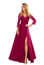 Cargar imagen en el visor de la galería, Numoco 309-1 AMBER elegant lace long dress with a neckline - Burgundy color