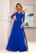 Cargar imagen en el visor de la galería, Numoco 309-2 AMBER elegant lace long dress with a neckline - Royal blue