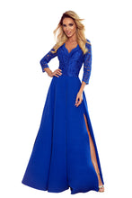 Cargar imagen en el visor de la galería, Numoco 309-2 AMBER elegant lace long dress with a neckline - Royal blue