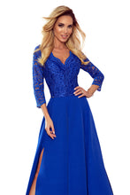 Cargar imagen en el visor de la galería, Numoco 309-2 AMBER elegant lace long dress with a neckline - Royal blue