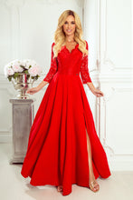 Cargar imagen en el visor de la galería, Numoco 309-3 AMBER elegant lace long dress with a neckline - red color
