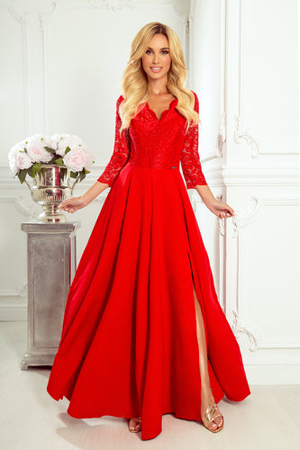 Numoco 309-3 AMBER elegant lace long dress with a neckline - red color