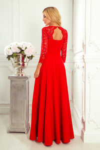 Numoco 309-3 AMBER elegant lace long dress with a neckline - red color