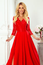Cargar imagen en el visor de la galería, Numoco 309-3 AMBER elegant lace long dress with a neckline - red color
