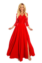 Cargar imagen en el visor de la galería, Numoco 309-3 AMBER elegant lace long dress with a neckline - red color