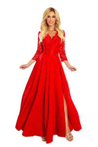 Numoco 309-3 AMBER elegant lace long dress with a neckline - red color