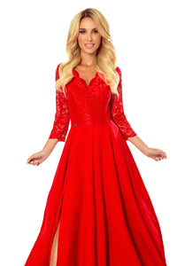 Numoco 309-3 AMBER elegant lace long dress with a neckline - red color