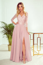Cargar imagen en el visor de la galería, Numoco 309-4 AMBER elegant lace long dress with a neckline - dirty pink