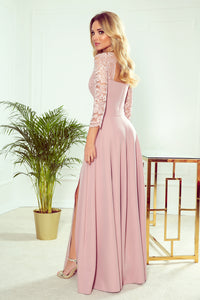 Numoco 309-4 AMBER elegant lace long dress with a neckline - dirty pink