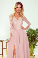 Cargar imagen en el visor de la galería, Numoco 309-4 AMBER elegant lace long dress with a neckline - dirty pink