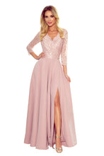 Cargar imagen en el visor de la galería, Numoco 309-4 AMBER elegant lace long dress with a neckline - dirty pink