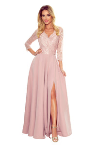 Numoco 309-4 AMBER elegant lace long dress with a neckline - dirty pink