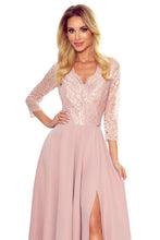 Cargar imagen en el visor de la galería, Numoco 309-4 AMBER elegant lace long dress with a neckline - dirty pink