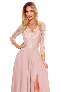 Numoco 309-4 AMBER elegant lace long dress with a neckline - dirty pink