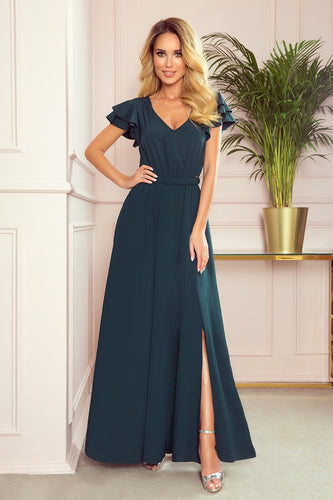 Numoco 310-1 LIDIA long dress with neckline and frills - green