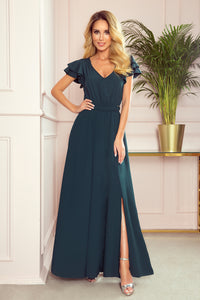 Numoco 310-1 LIDIA long dress with neckline and frills - green