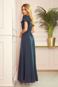Numoco 310-1 LIDIA long dress with neckline and frills - green