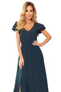 Numoco 310-1 LIDIA long dress with neckline and frills - green