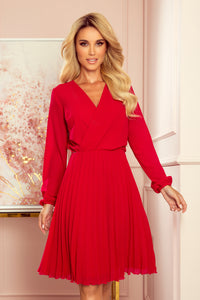 Numoco 313-5 ISABELLE Pleated dress with neckline and long sleeve - Red