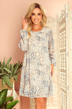 Load image into Gallery viewer, Numoco 319-2 HANNAH chiffon dress with a neckline at the back - beige and blue boho pattern