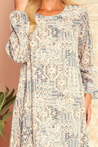 Numoco 319-2 HANNAH chiffon dress with a neckline at the back - beige and blue boho pattern