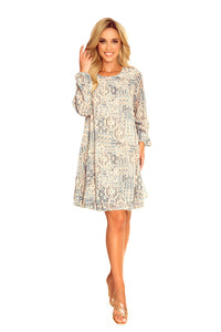 Numoco 319-2 HANNAH chiffon dress with a neckline at the back - beige and blue boho pattern