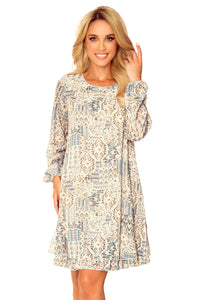 Numoco 319-2 HANNAH chiffon dress with a neckline at the back - beige and blue boho pattern